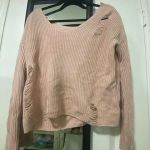 garage distressed pink knit sweater